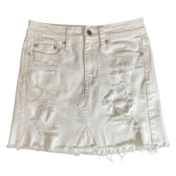 American Eagle high rise festival mini skirt White Distressed Denim Size 00 - Picture 2 of 13